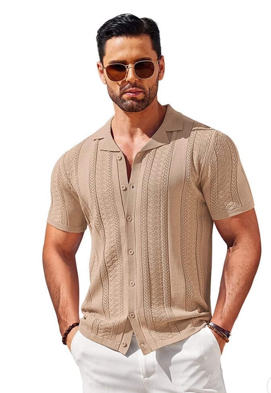 Coofandy Men Beige Knit Short Sleeve Textured Polo Shirt Casual Top Size 2XL XXL